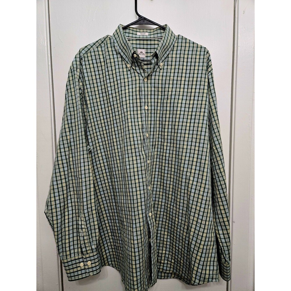 Peter Millar Shirt Men's X-Large Green Blue Check Plaid Button Up Long Sleeve